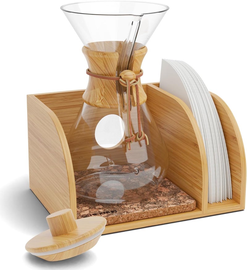 HEXNUB – Caddy and Lid for Pour Over Coffee Maker, Bamboo Stand fits Chemex, Bodum, Cosori Coffee Carafes, Heatproof Mat, Filter Holder for Drip Coffee Maker - Cork Mat - Image 1